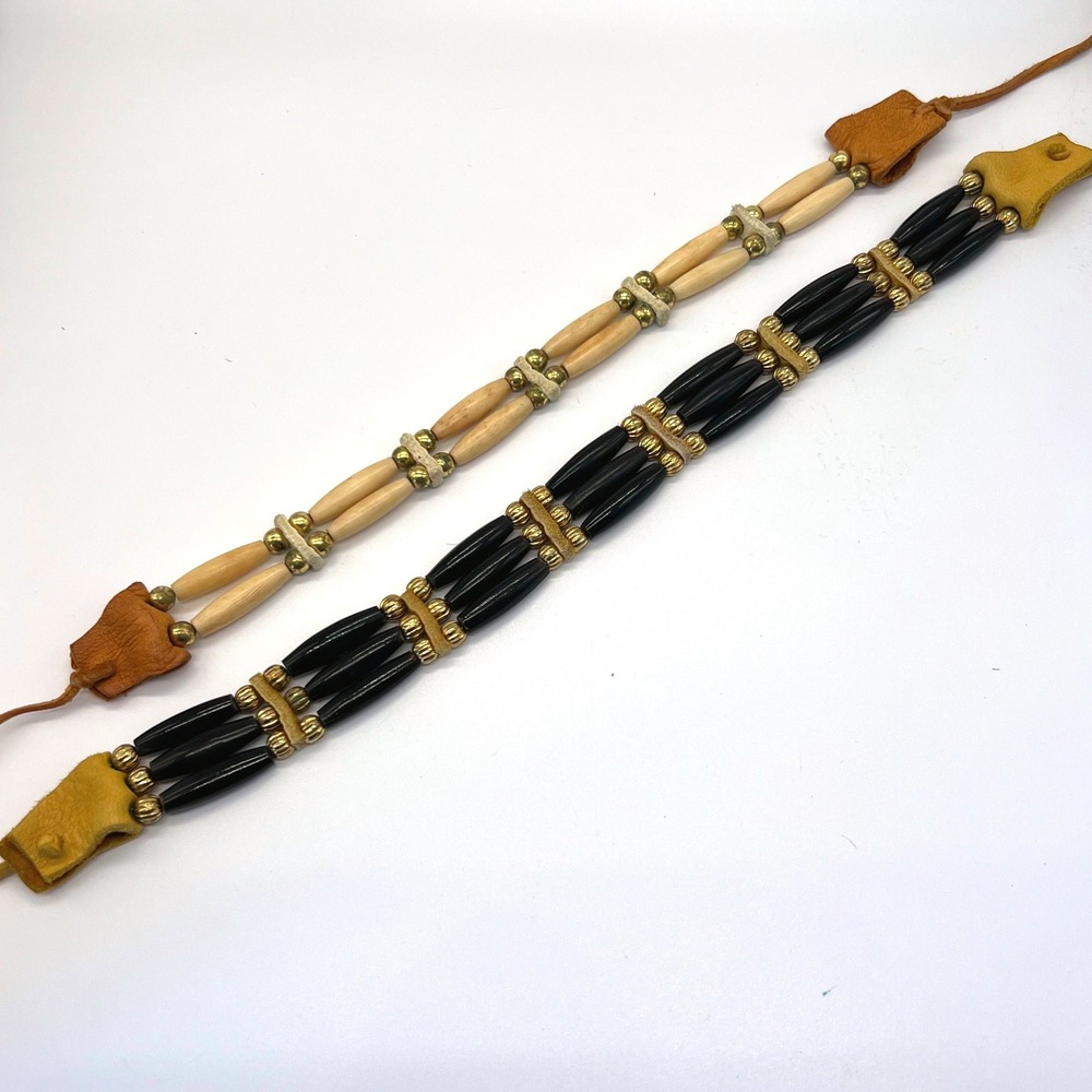 Native American Set of 2 Bone Bracelets Leather Black Cream‎ Vintage